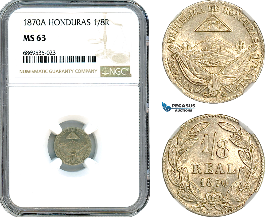 AJ016, Honduras, 1/8 Real 1870 A, Paris Mint, NGC MS63