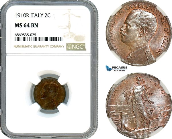AJ017, Italy, Vit. Emanuele III, 2 Centesimi 1910 R, Rome Mint, NGC MS64BN, Top Pop!