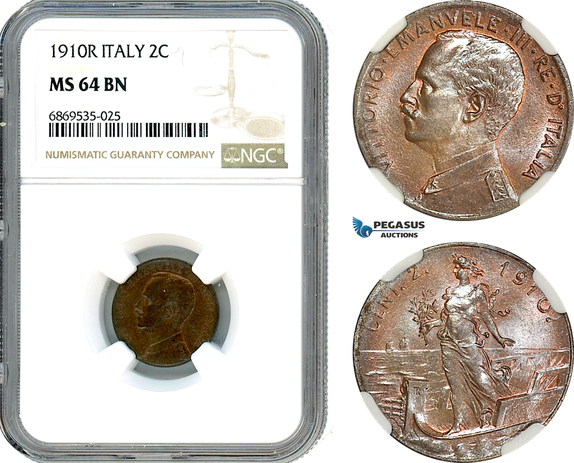 AJ017, Italy, Vit. Emanuele III, 2 Centesimi 1910 R, Rome Mint, NGC MS64BN, Top Pop!