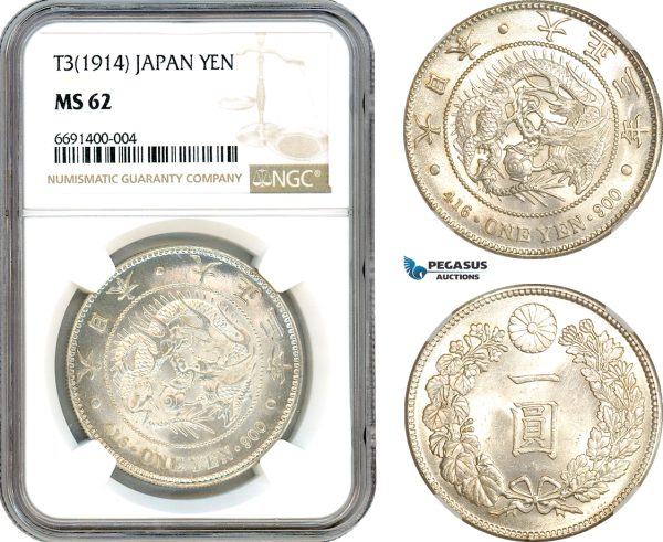 AJ019, Japan, Taisho, 1 Yen T3 (1914) Silver, NGC MS62