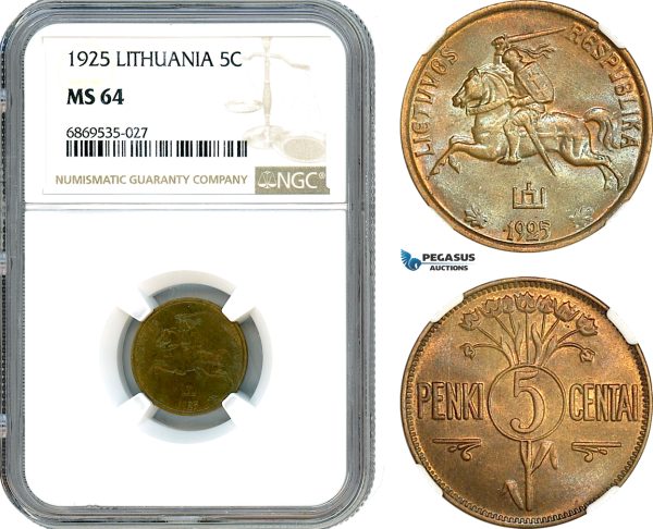 AJ020, Lithuania, 5 Centai 1925, NGC MS64