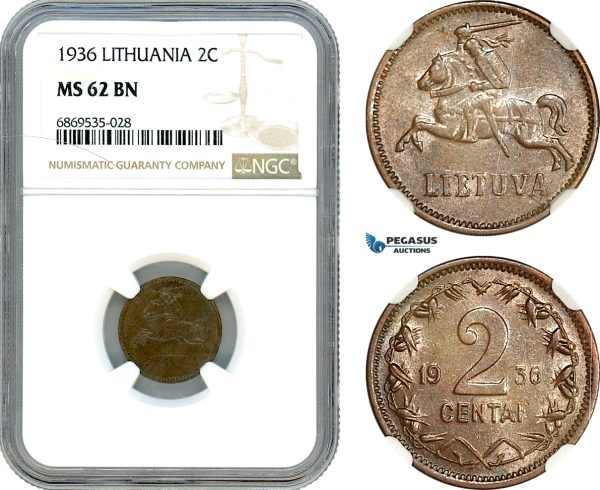 AJ021, Lithuania, 2 Centai 1936, NGC MS62BN
