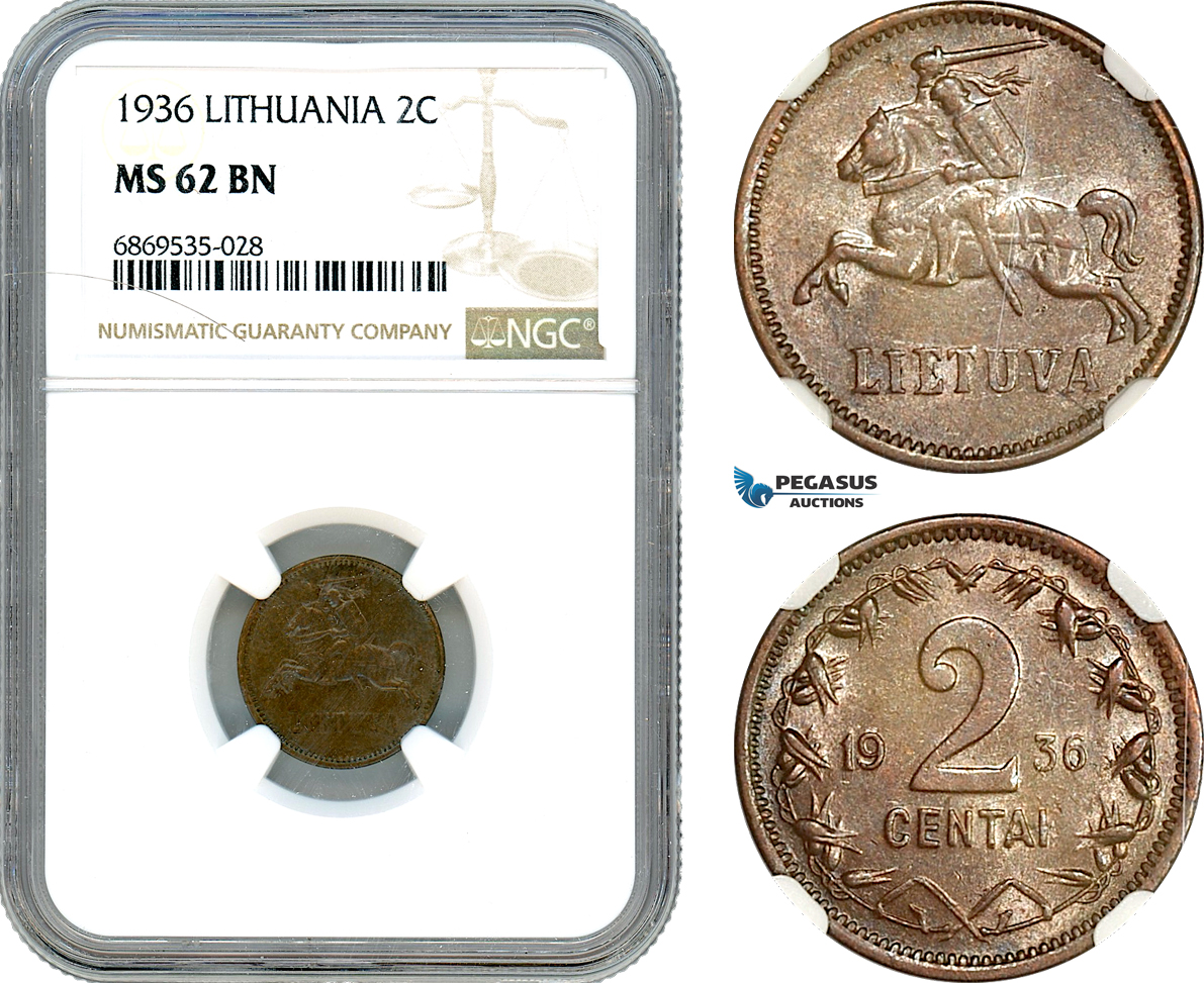 AJ021, Lithuania, 2 Centai 1936, NGC MS62BN