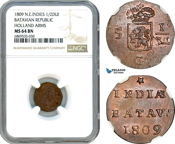AJ022, Netherlands East Indies, Batavian Rep. 1/2 Duit 1809, Holland Arms, NGC MS64BN