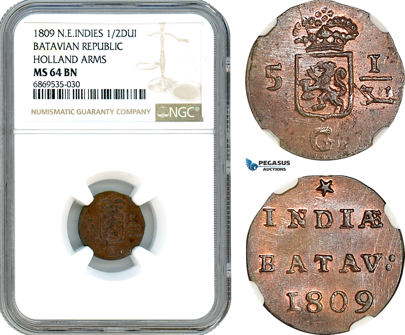 AJ022, Netherlands East Indies, Batavian Rep. 1/2 Duit 1809, Holland Arms, NGC MS64BN