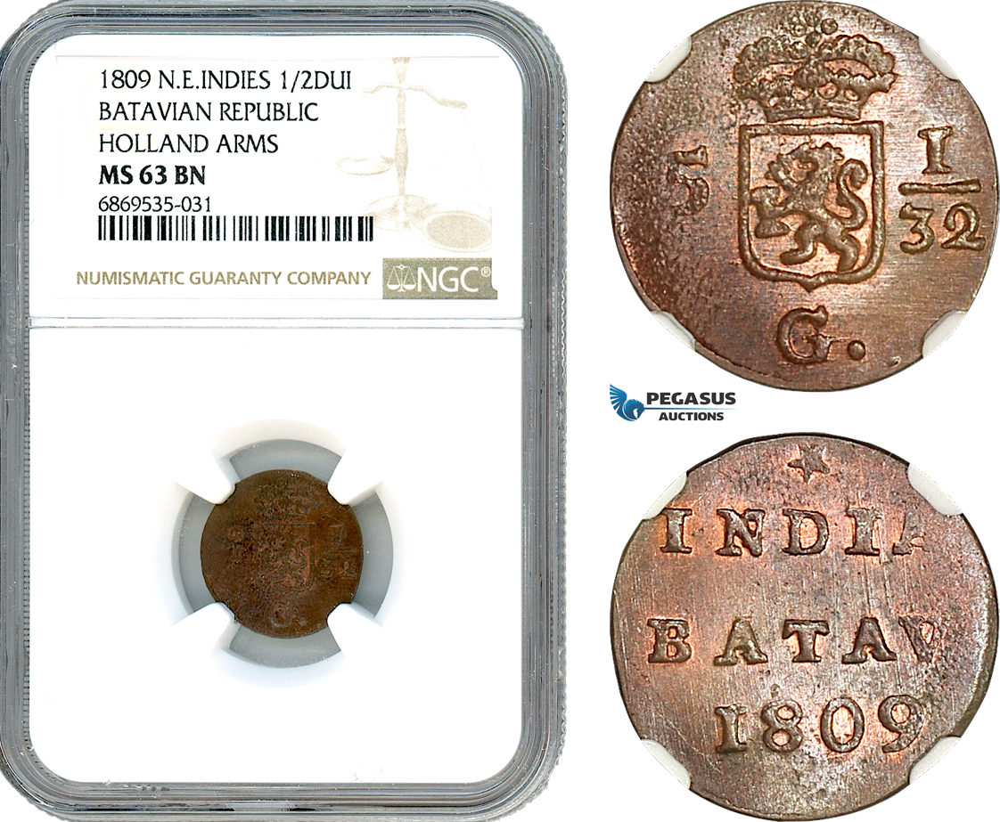 AJ023, Netherlands East Indies, Batavian Rep. 1/2 Duit 1809, Holland Arms, NGC MS63BN