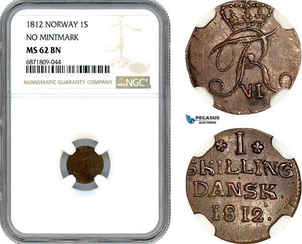 AJ024, Norway, Frederik VI, 1 Skilling 1812, Kongsberg Mint, No Mintmark, NGC MS62BN