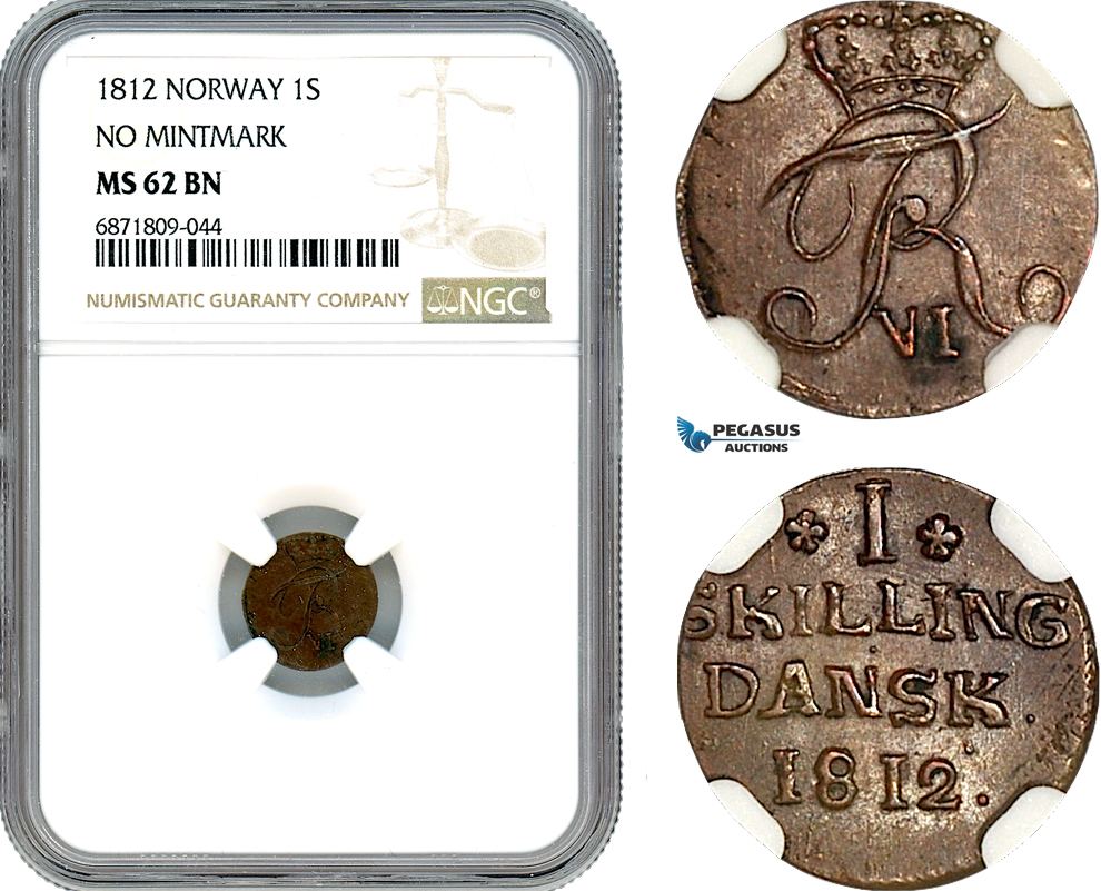 AJ024, Norway, Frederik VI, 1 Skilling 1812, Kongsberg Mint, No Mintmark, NGC MS62BN