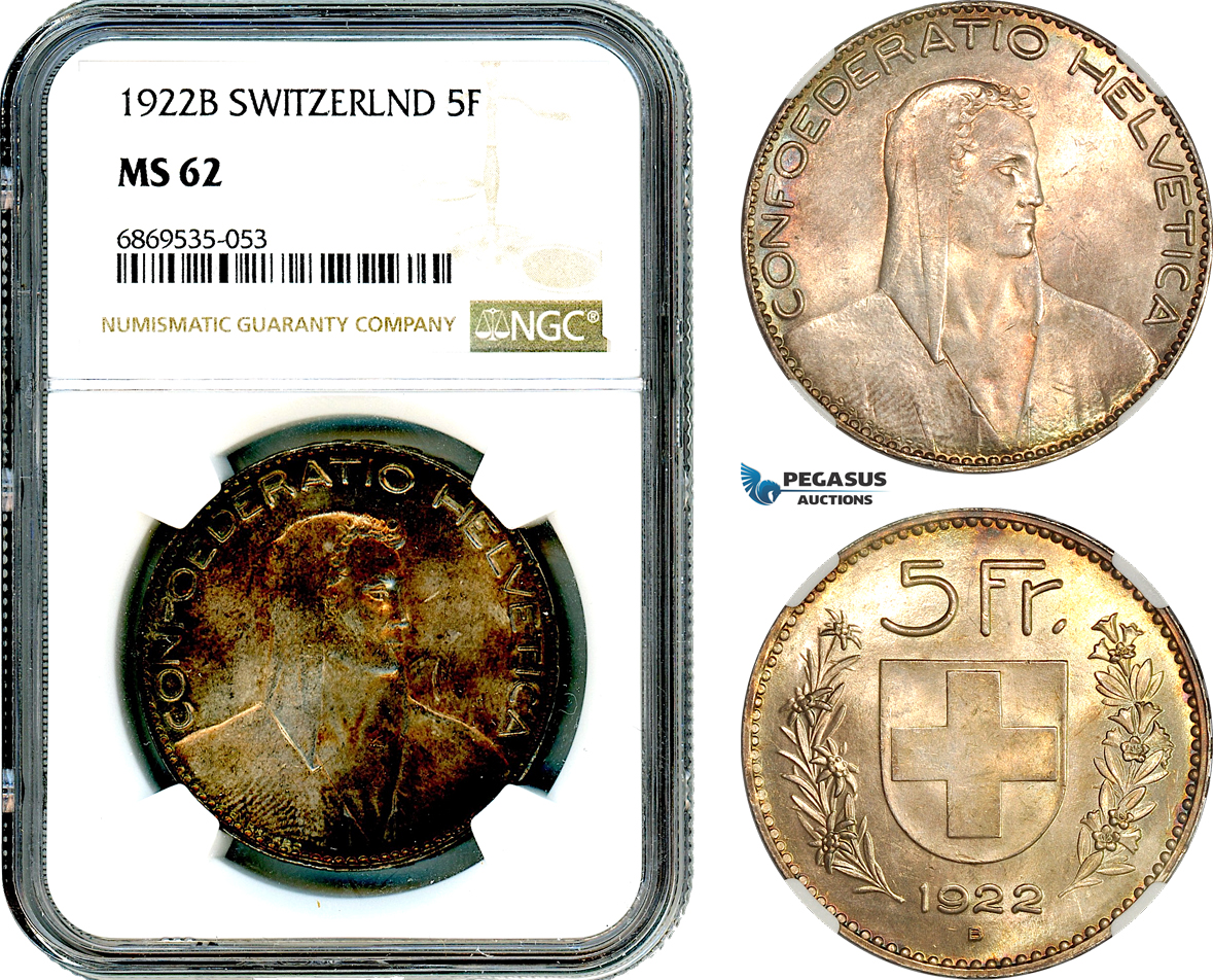 AJ035, Switzerland, 5 Francs 1922 B, Bern Mint, Silver, NGC MS62