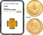 AJ039, Turkey, Ottoman Empire, Mehmed V, 100 Kurush AH1327//9, Kostantiniye Mint, Gold, NGC AU58