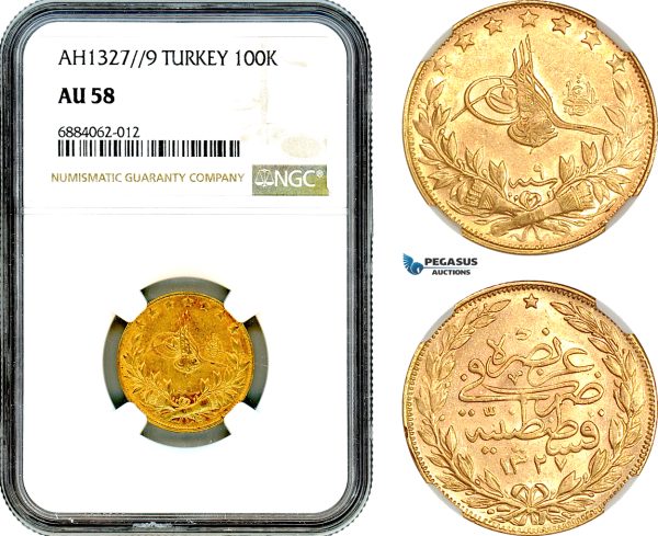 AJ039, Turkey, Ottoman Empire, Mehmed V, 100 Kurush AH1327//9, Kostantiniye Mint, Gold, NGC AU58