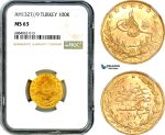 AJ040, Turkey, Ottoman Empire, Mehmed V, 100 Kurush AH1327//9, Kostantiniye Mint, Gold, NGC MS63
