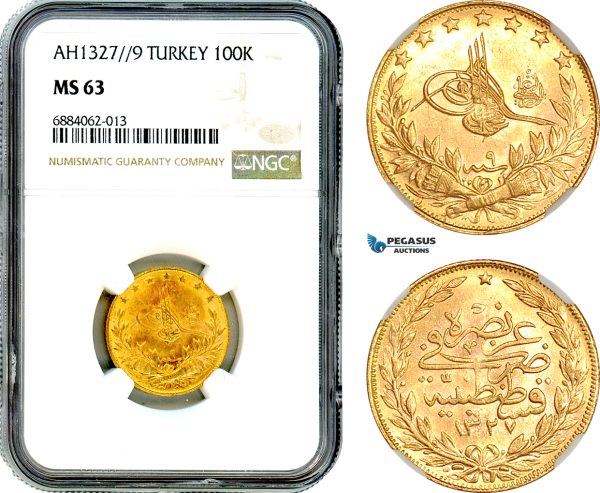 AJ040, Turkey, Ottoman Empire, Mehmed V, 100 Kurush AH1327//9, Kostantiniye Mint, Gold, NGC MS63
