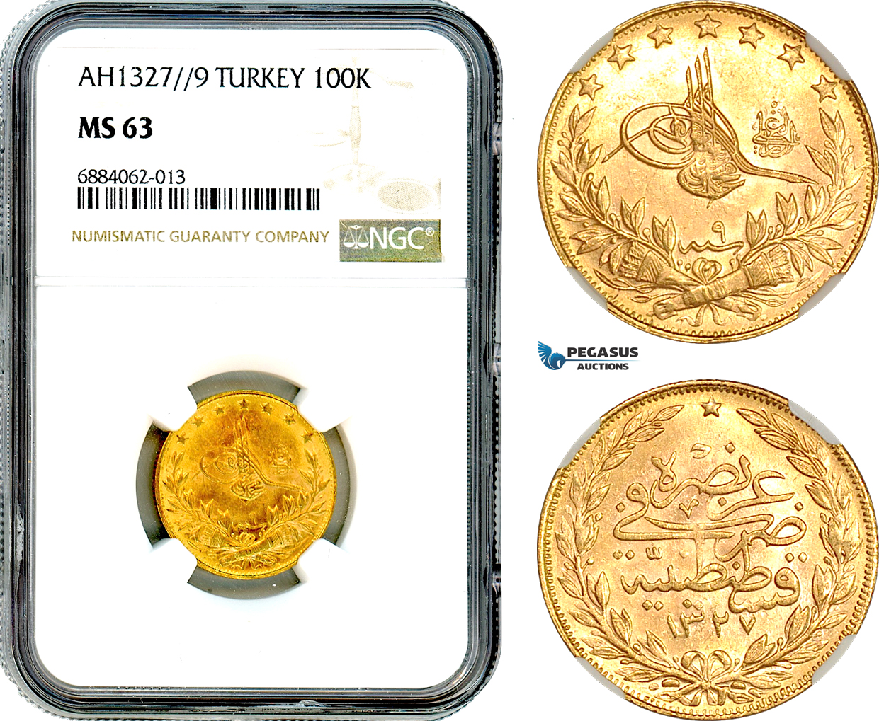 AJ040, Turkey, Ottoman Empire, Mehmed V, 100 Kurush AH1327//9, Kostantiniye Mint, Gold, NGC MS63