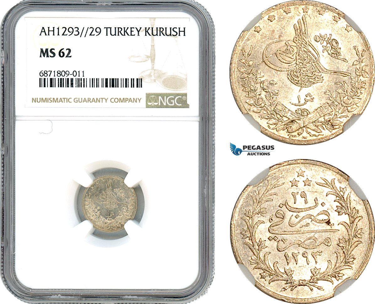 AJ050, Egypt, Ottoman Empire, Abdul Hamid II, 1 Qirsh AH1293//29, Silver, NGC MS62, Slab Error as Turkey