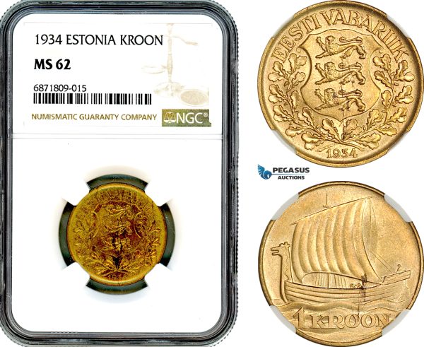 AJ054, Estonia, 1 Kroon 1934, NGC MS62