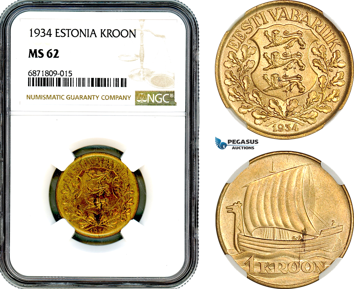 AJ054, Estonia, 1 Kroon 1934, NGC MS62