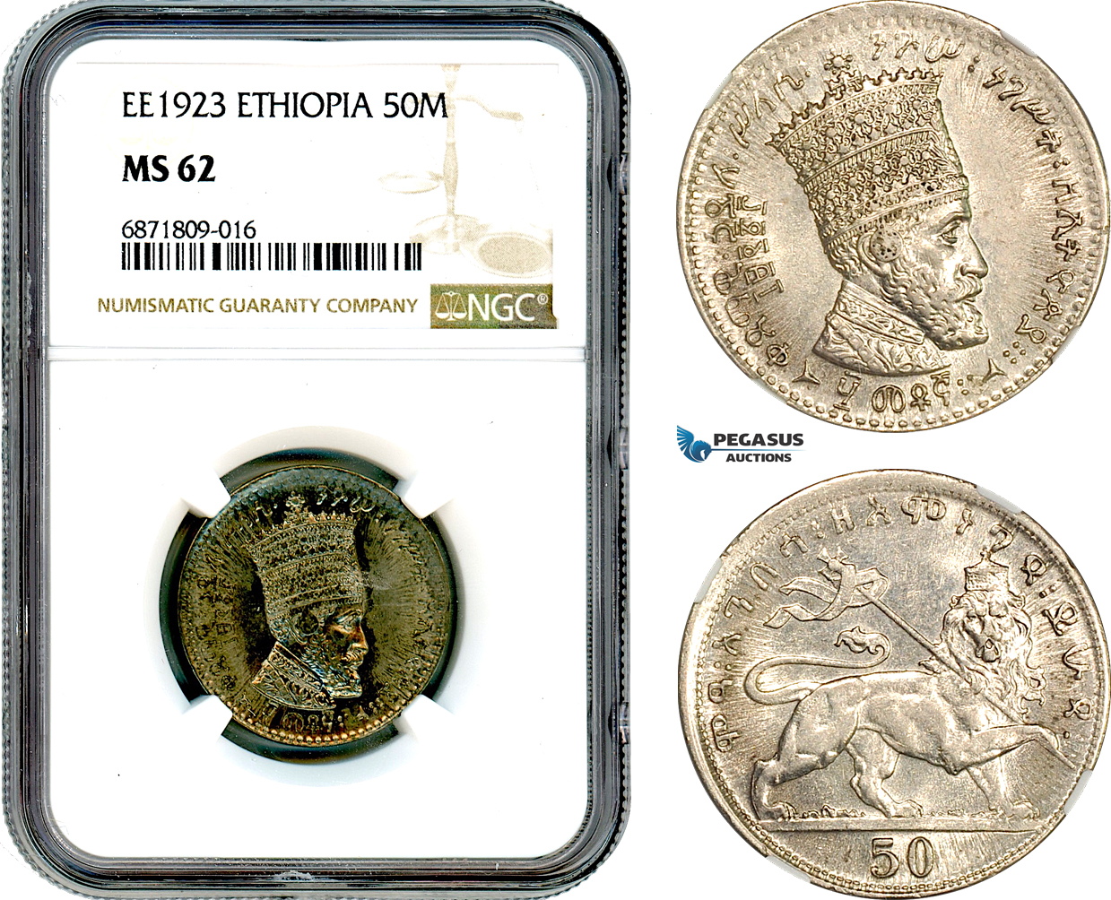 AJ055, Ethiopia, Haile Selassie I, 50 Matonas EE1923, Addis Ababa Mint, NGC MS62
