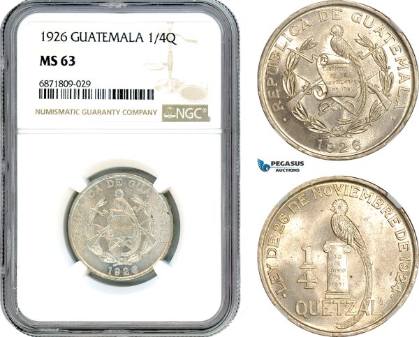 AJ071, Guatemala 1/4 Quetzal 1926, Silver, NGC MS63