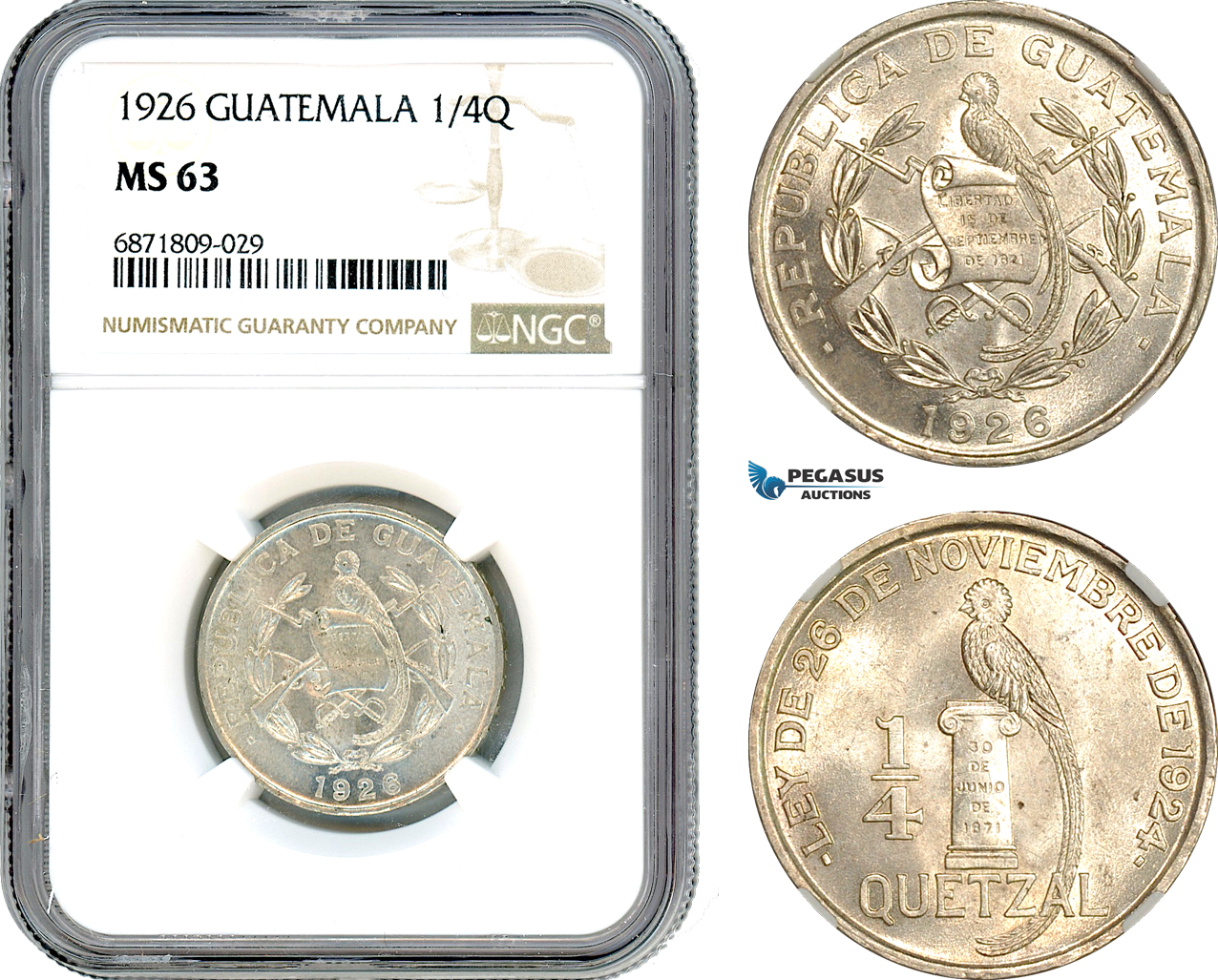 AJ071, Guatemala 1/4 Quetzal 1926, Silver, NGC MS63