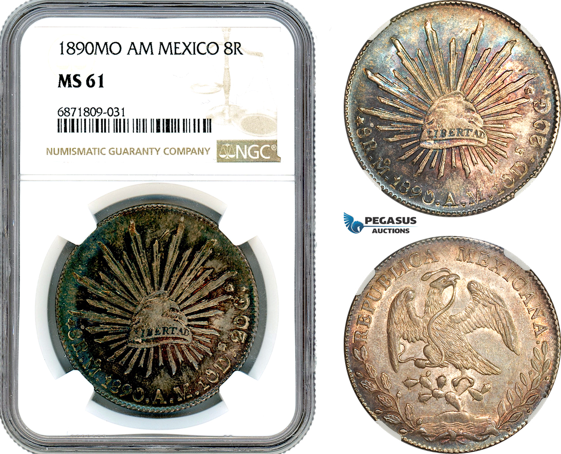 AJ072, Mexico, 8 reales 1890 MO AM, Mexico City Mint, Silver, NGC MS61
