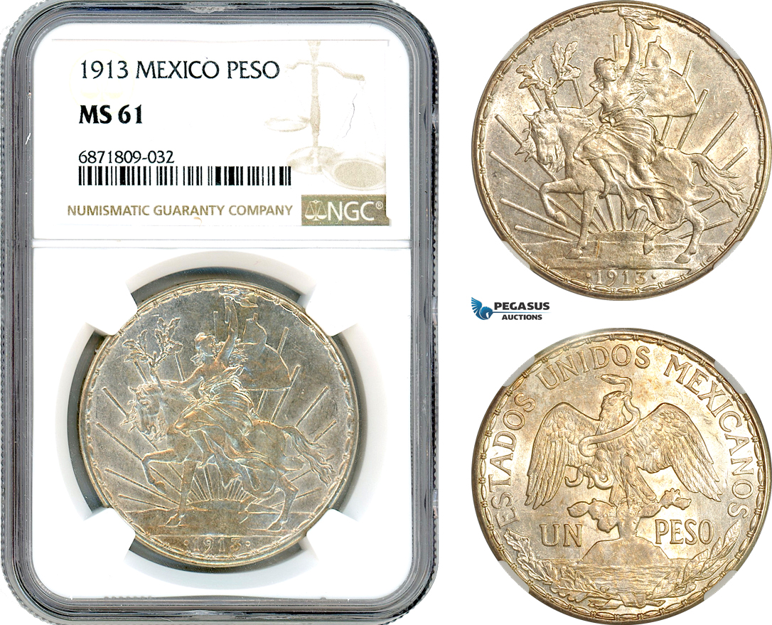 AJ073, Mexico, "Caballito" Peso 1913, Silver, NGC MS61