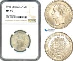 AJ081, Venezuela, 2 Bolivares 1945, Silver, NGC MS63