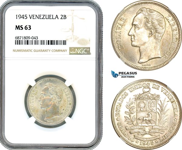 AJ081, Venezuela, 2 Bolivares 1945, Silver, NGC MS63