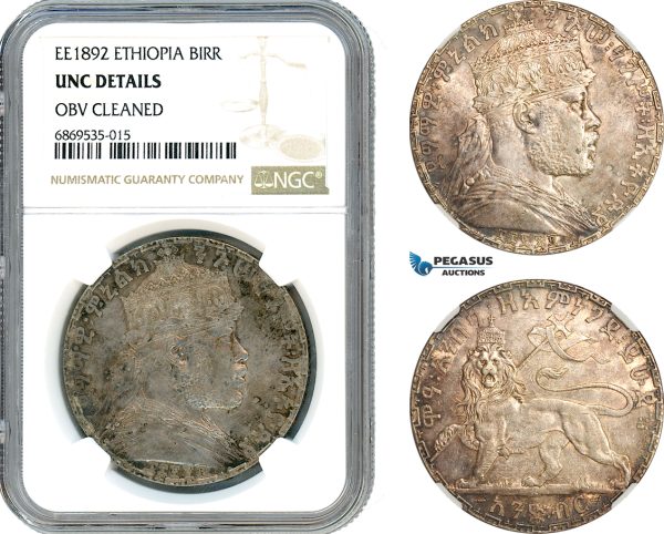 AJ138, Ethiopia, Menelik II, Birr EE1892, Paris Mint, Silver, NGC UNC Det. (Min. contacts)