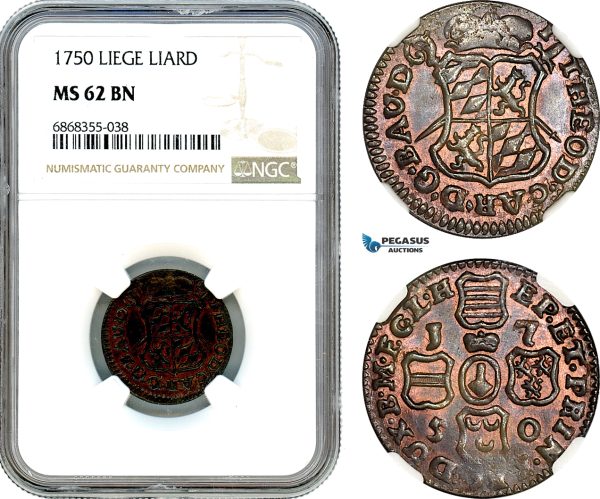 AJ145, Belgium, Liege, Jean-Theodore of Bavaria, 1 Liard 1750, NGC MS62BN