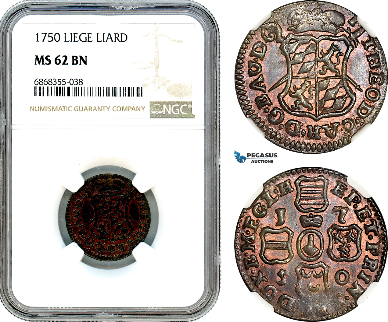 AJ145, Belgium, Liege, Jean-Theodore of Bavaria, 1 Liard 1750, NGC MS62BN