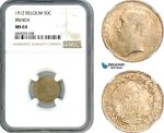 AJ147, Belgium, Albert I, 50 Centimes 1912, Brussels Mint, Silver, French Text, NGC MS63