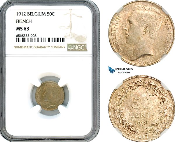 AJ147, Belgium, Albert I, 50 Centimes 1912, Brussels Mint, Silver, French Text, NGC MS63