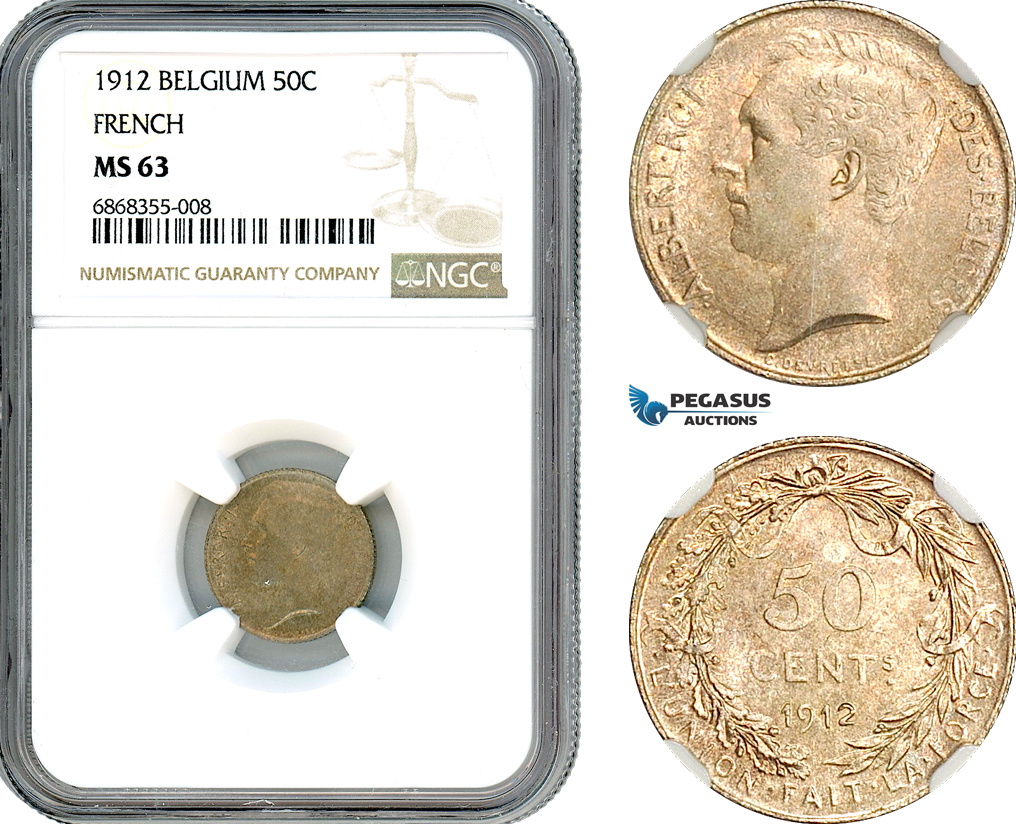 AJ147, Belgium, Albert I, 50 Centimes 1912, Brussels Mint, Silver, French Text, NGC MS63