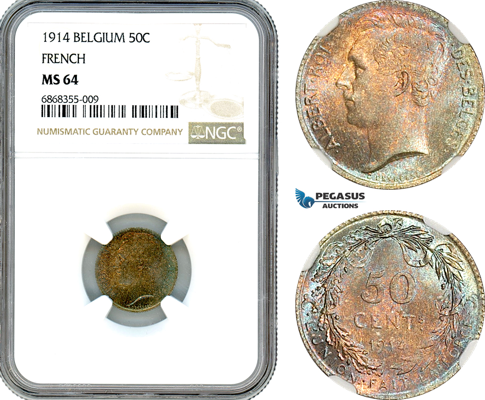 AJ148, Belgium, Albert I, 50 Centimes 1914, Brussels Mint, Silver, French Text, NGC MS64, Top Pop!
