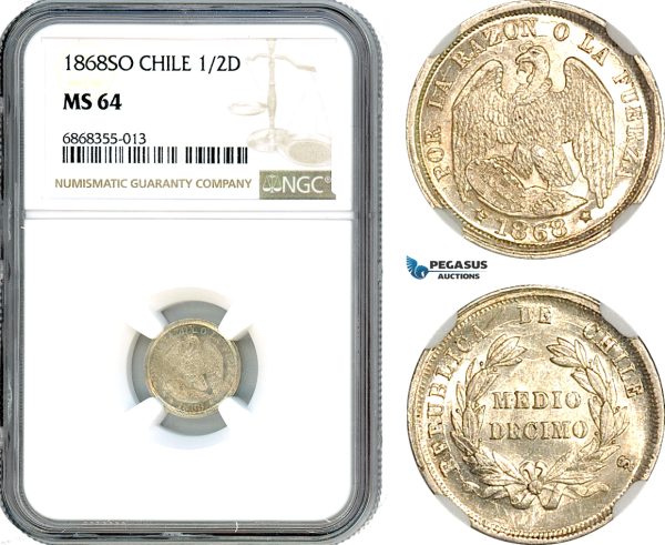 AJ150, Chile, 1/2 Decimo 1868 SO, Santiago Mint, Silver, NGC MS64