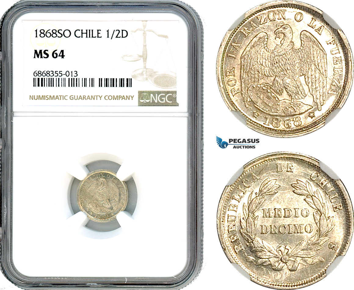 AJ150, Chile, 1/2 Decimo 1868 SO, Santiago Mint, Silver, NGC MS64
