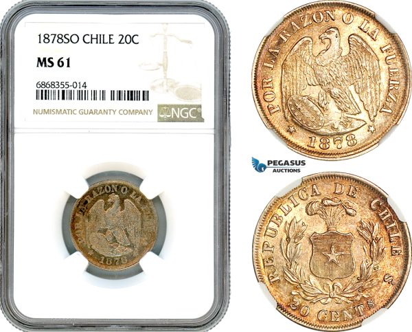 AJ151, Chile, 20 Centavos 1878 SO, Santiago Mint, Silver, NGC MS61