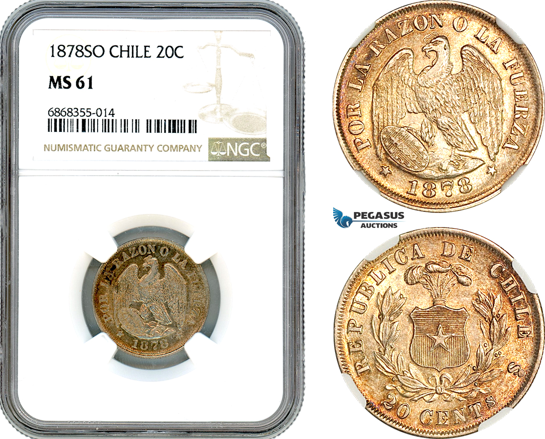 AJ151, Chile, 20 Centavos 1878 SO, Santiago Mint, Silver, NGC MS61