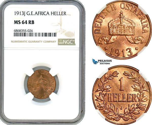 AJ160, German East Africa (DOA) Wilhelm II, 1 Heller 1913 J, Hamburg Mint, NGC MS64RB