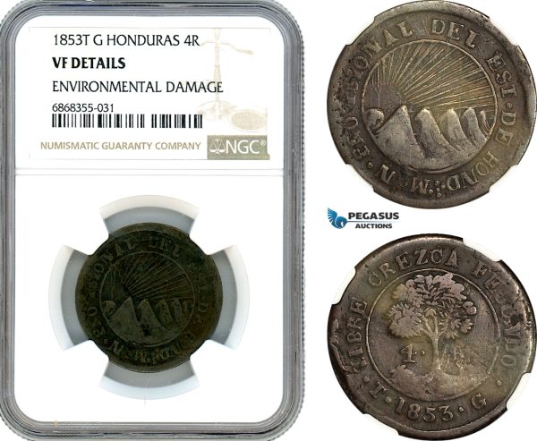 AJ163, Honduras, Provisional Coinage, 4 Reales 1857 T G, Tegucigalpa Mint, NGC VF Details