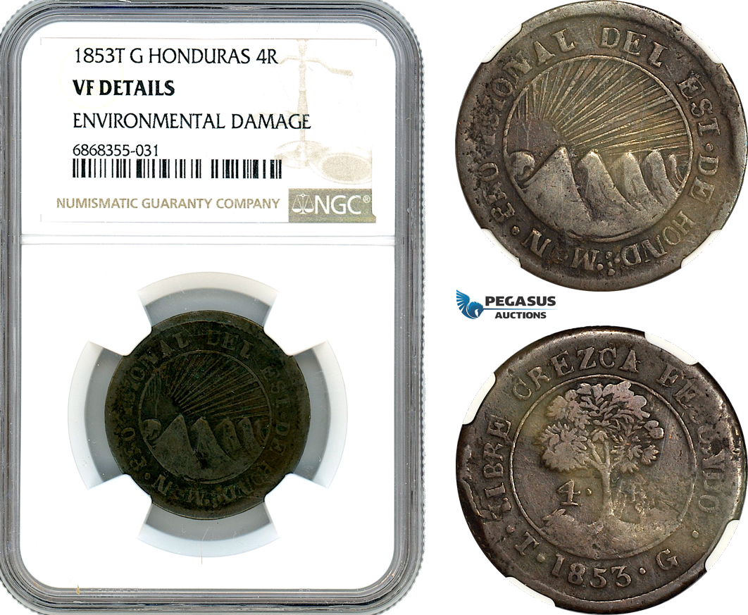 AJ163, Honduras, Provisional Coinage, 4 Reales 1857 T G, Tegucigalpa Mint, NGC VF Details