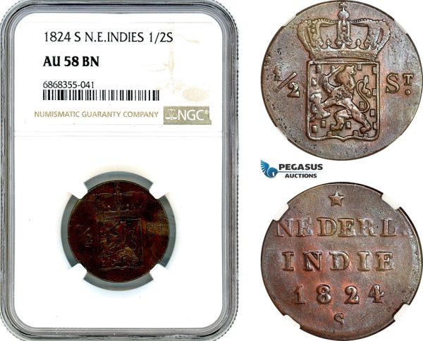 AJ168, Netherlands East Indies, 1/2 Stuiver 1824 S, NGC AU58BN