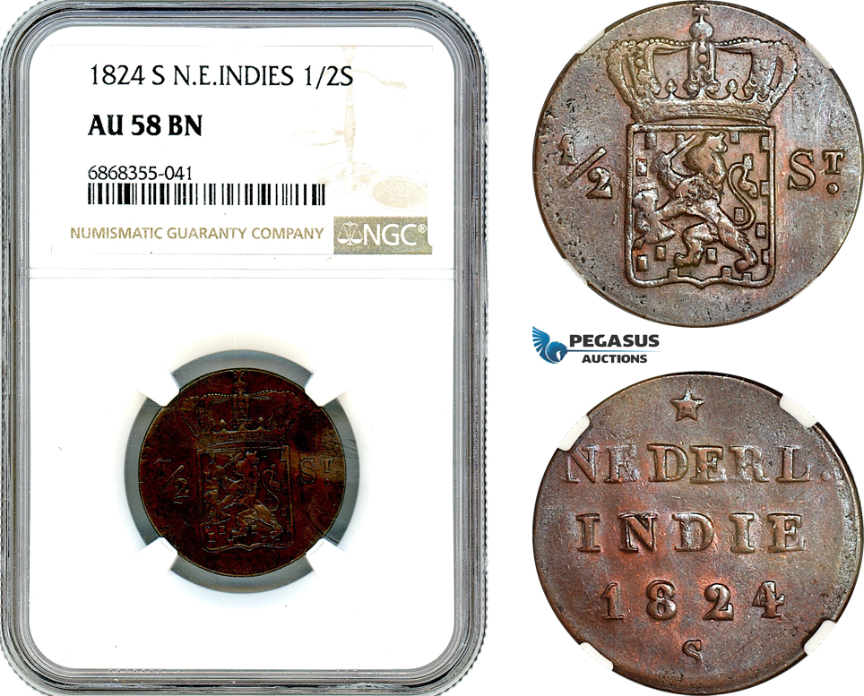 AJ168, Netherlands East Indies, 1/2 Stuiver 1824 S, NGC AU58BN