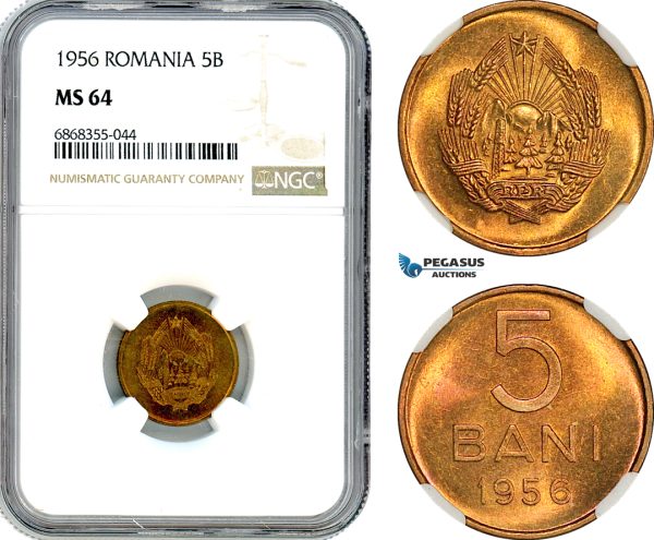 AJ169, Romania, People's Republic, 5 Bani 1956, Bucharest Mint, NGC MS64