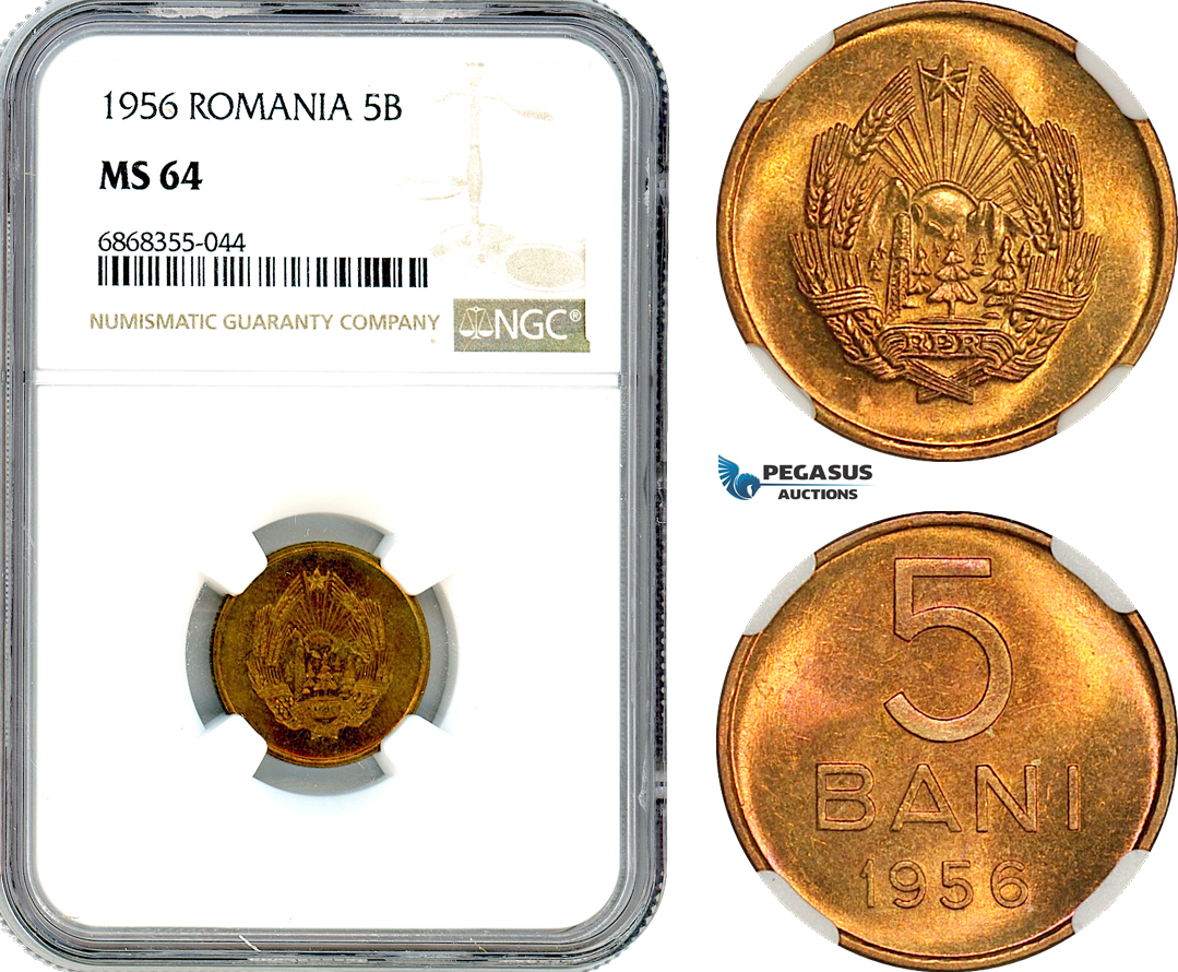 AJ169, Romania, People's Republic, 5 Bani 1956, Bucharest Mint, NGC MS64