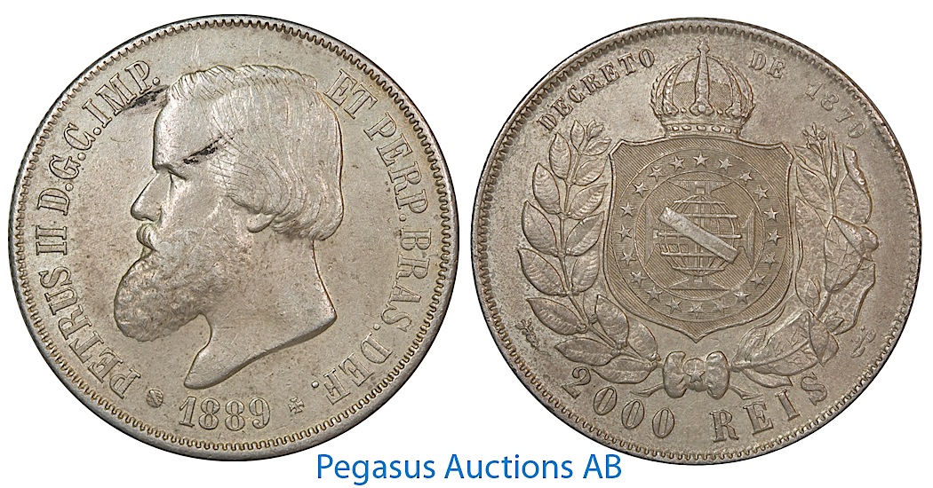 B02, Brazil, Pedro II, 2000 Reis 1889, Silver Crown, Nice!