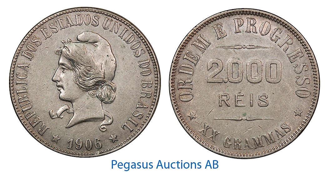 B03, Brazil, 2000 Reis 1906, Silver, Nice!