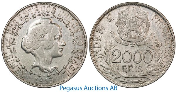 B04, Brazil, 2000 Reis 1913, Silver, Nice!