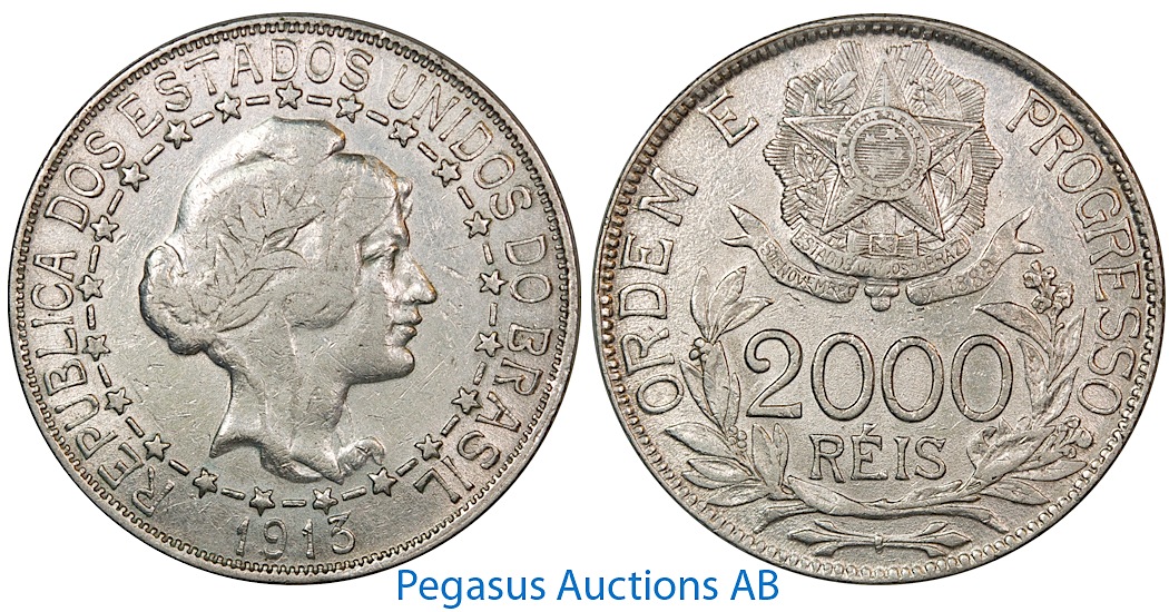 B04, Brazil, 2000 Reis 1913, Silver, Nice!